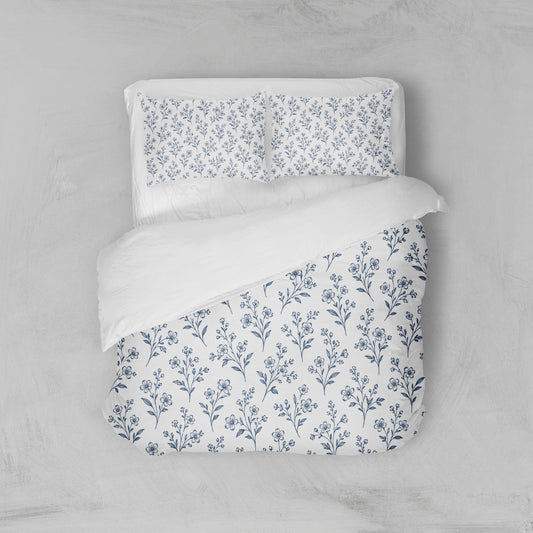 Housse de couette blanche fleurs bleues