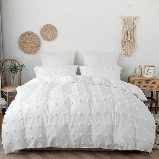 Housse de Couette Blanche avec Pompons